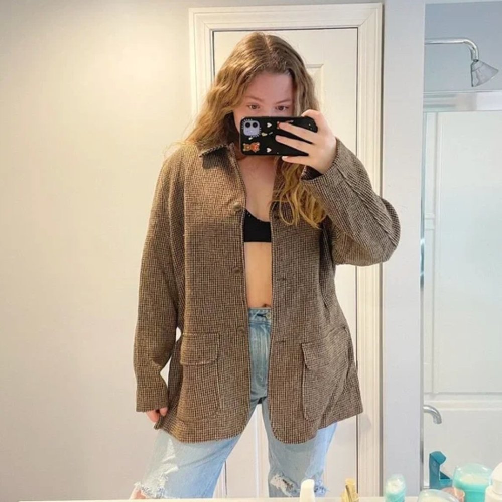Vintage Wool Brown Gingham Oversized Collared Jacket